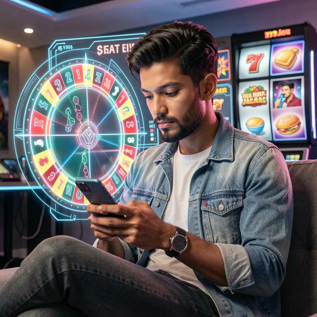 Confident Bangladeshi man using the 15OK casino app with a glowing roulette wheel behind him showing modern mobile gaming excitement