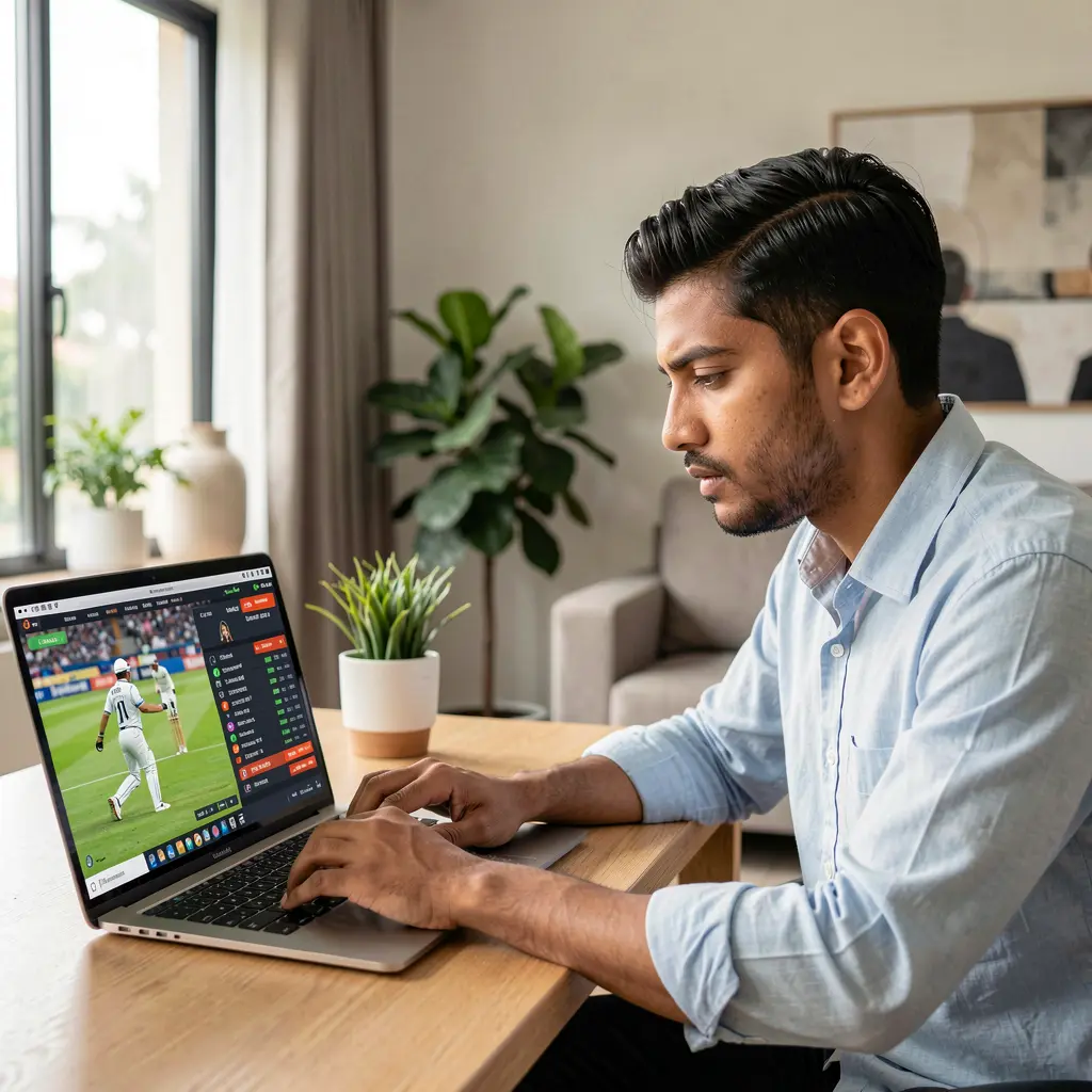 Confident Bangladeshi sports bettor analyzing live cricket odds and statistics on a laptop using the 15OK betting platform