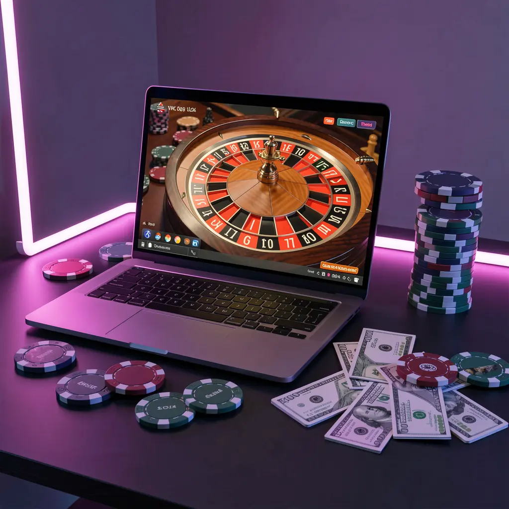 Modern online casino setup with a laptop displaying a roulette wheel and colorful chips under neon lighting on 15OK platform in Bangladesh